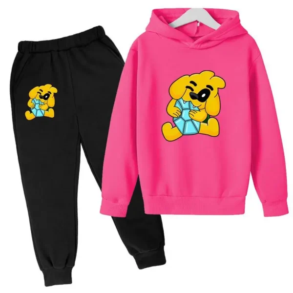 Kids tracksuit set with cute dog print on grey pullover hoodie and matching pants for boys and girls (ages 2-13).