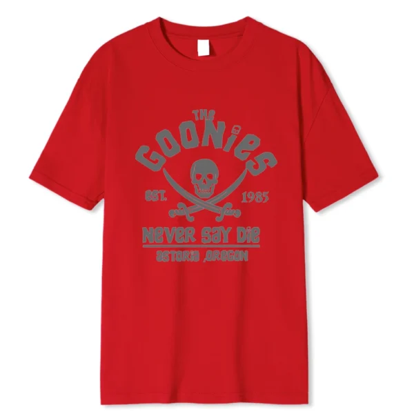 Men's black cotton Goonies t-shirt with white 'Never Say Die' text graphic. Retro 80s movie fan apparel.