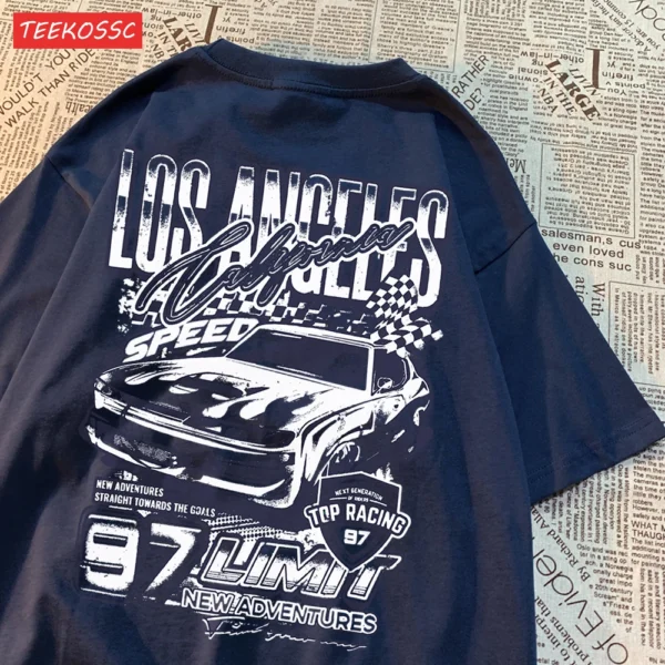 Loose fit t-shirt featuring a vibrant cartoon racing car graphic print.