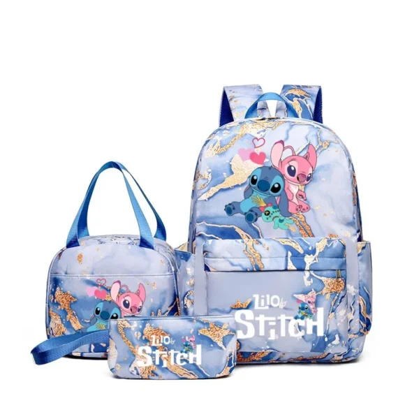 Stitch print 3-piece backpack set with matching tote bag and pencil pouch displayed together against a neutral background.
