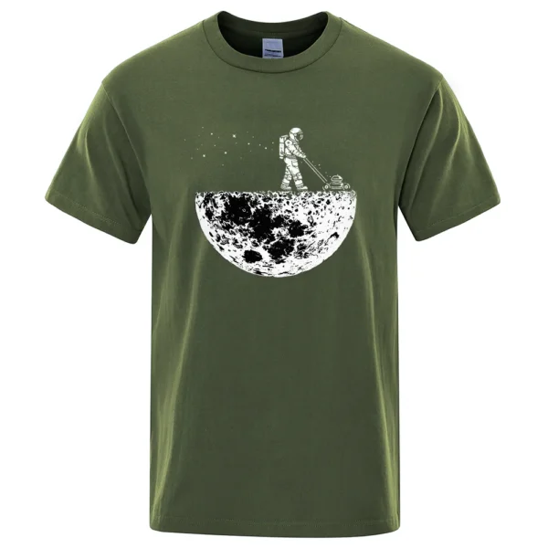 Men's oversized black cotton t-shirt displaying a funny white graphic print of an astronaut on the moon.