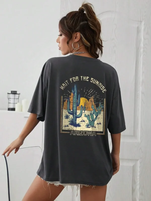 Front view of the women's soft cotton "Wait For The Sunrise" graphic tee in a relaxed fit.