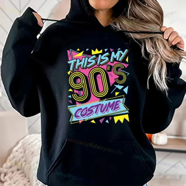 Woman wearing a vibrant neon hoodie with 'Take Me Back To The 90's' graphic print