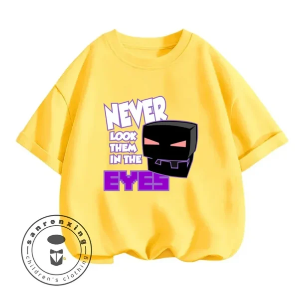 Kids Minecraft summer t-shirt featuring a colorful cartoon print inspired by the game and short sleeves.