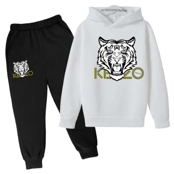 Unisex kids hoodie and pants set with bold tiger head print on the hooded sweatshirt - front view.