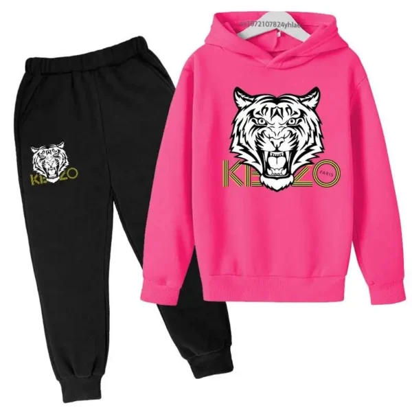 Unisex kids hoodie and pants set with bold tiger head print on the hooded sweatshirt - front view.
