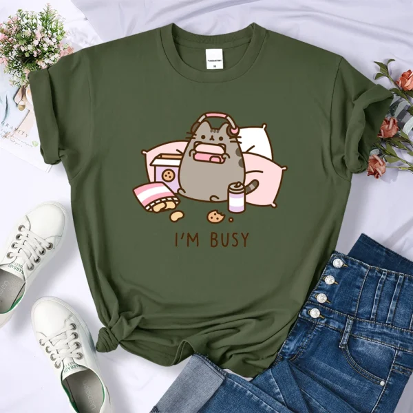 Funny 'Sorry I'm Busy' cat gamer oversized t-shirt for women.