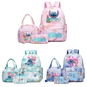 Stitch print 3-piece backpack set with matching tote bag and pencil pouch displayed together against a neutral background.