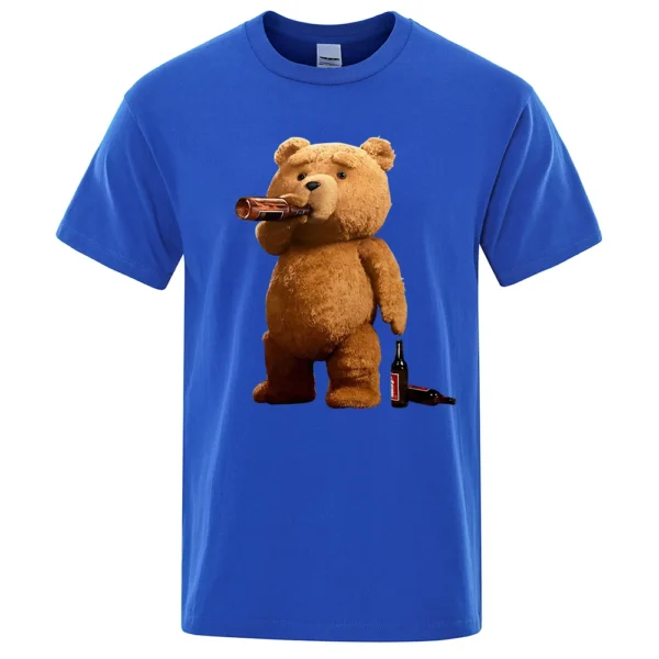 Men's grey casual t-shirt with a funny graphic print showing a cartoon teddy bear drinking a pint of beer.