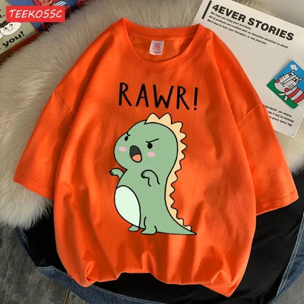 Women's regular fit short sleeve t-shirt with a fierce cartoon dinosaur print on the front.