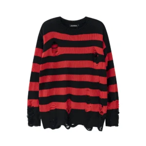 Men's red and black striped punk sweater with ripped detail.