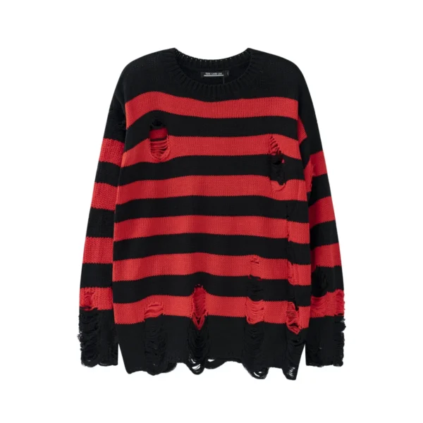 Men's red and black striped punk sweater with ripped detail.