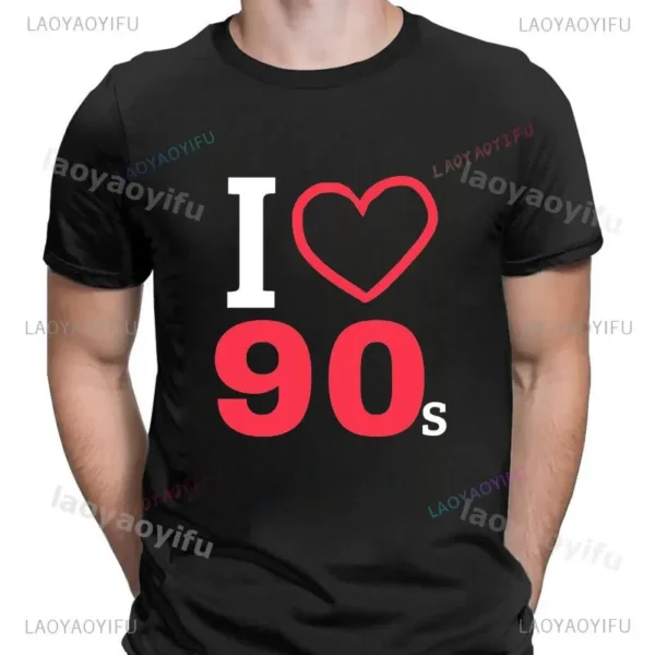 Woman wearing a white 'I Love The 90s / Take Me Back To The 90s' retro graphic tee against a plain background.