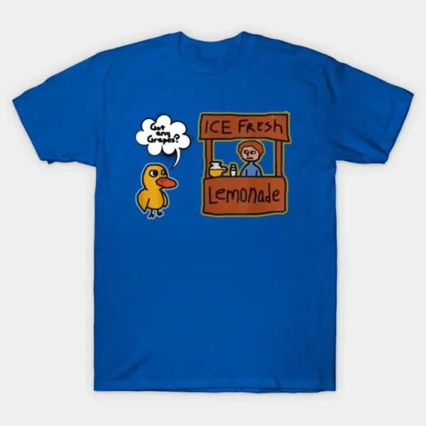 Funny "Got Grapes?" lemonade graphic t-shirt.