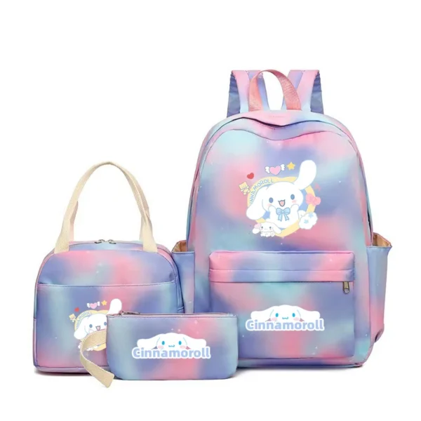 MINISO Kuromi and Cinnamoroll large capacity nylon backpack set with matching lunch bag and pencil case.