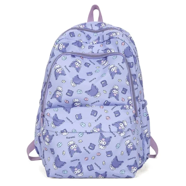 MINISO Sanrio kids school backpack featuring a cute pink and purple Kuromi and Cinnamoroll cartoon print design.