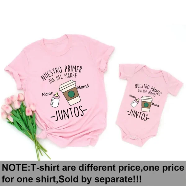 Mom in custom name t-shirt smiles beside baby wearing matching personalized 'Our First Mother's Day' bodysuit.