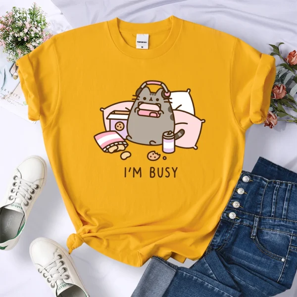 Funny 'Sorry I'm Busy' cat gamer oversized t-shirt for women.