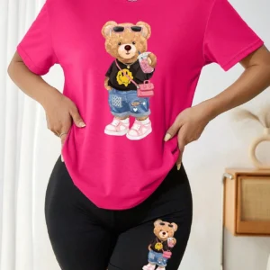 Women's bear & milk tea print t-shirt and shorts set - cute summer two piece outfit