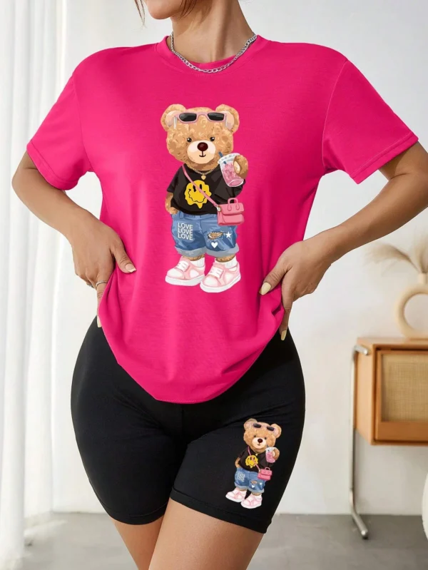 Women's bear & milk tea print t-shirt and shorts set - cute summer two piece outfit