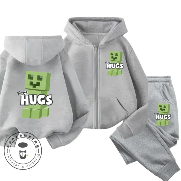 Child wearing Minecraft themed zipper hoodie and matching pants set with hood up.