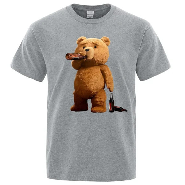 Men's grey casual t-shirt with a funny graphic print showing a cartoon teddy bear drinking a pint of beer.