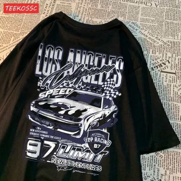 Loose fit t-shirt featuring a vibrant cartoon racing car graphic print.