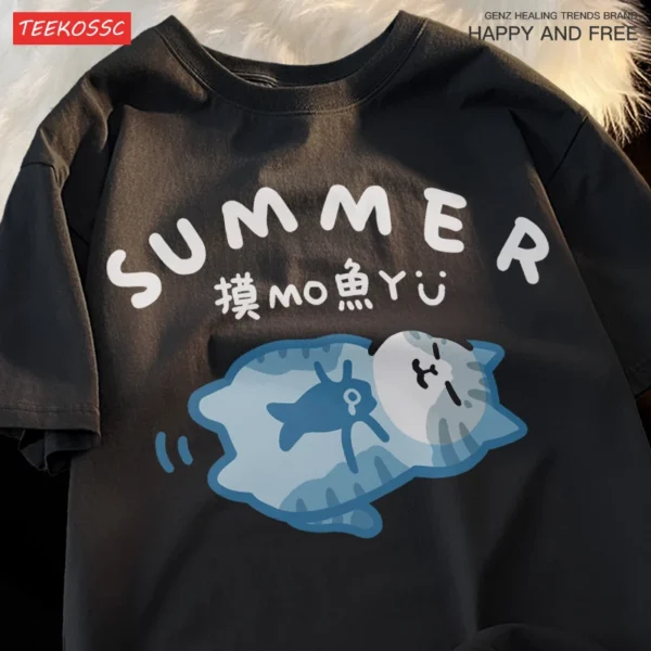 Cute Fishing Cat T-Shirt for men and women.