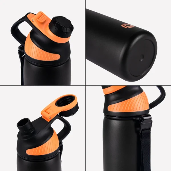 FEIJIAN 1L stainless steel insulated water bottle showing the magnetic lid attached to the side.