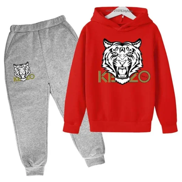 Unisex kids hoodie and pants set with bold tiger head print on the hooded sweatshirt - front view.