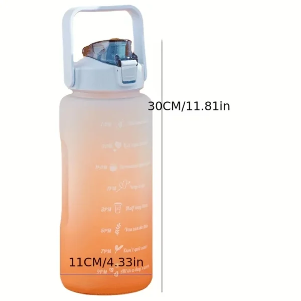 2L motivational plastic water bottle with time markers and leakproof lid for tracking daily hydration.