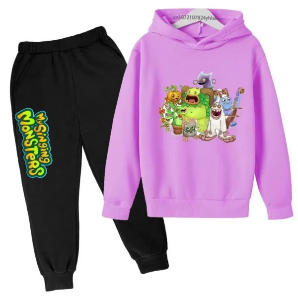 Kids My Singing Monsters tracksuit set featuring character print hoodie and matching pants for boys and girls ages 3-14. ```