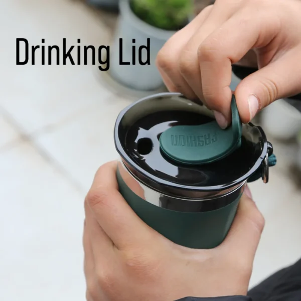 Stainless steel insulated travel mug with leakproof lid for coffee or water.