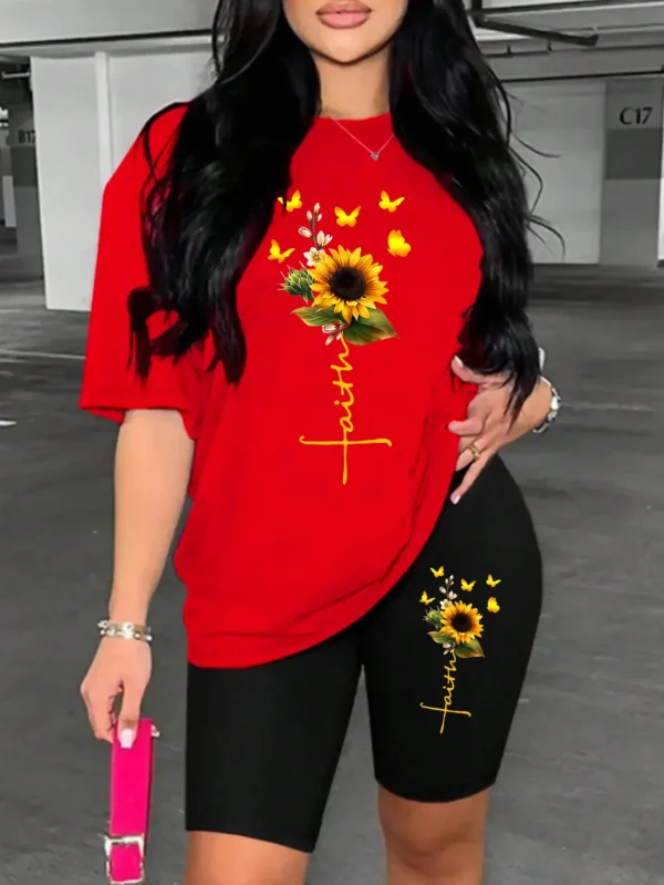 Woman modeling sunflower butterfly print two piece set with short sleeve knit t-shirt and regular fit shorts.