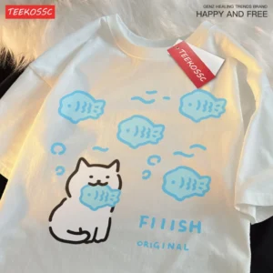 Cute cat eating fish graphic t-shirt