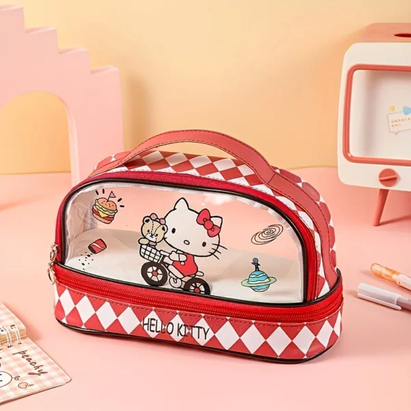 MINISO Hello Kitty and Kuromi large PU leather cosmetic bag with internal organizer compartments shown on white background.