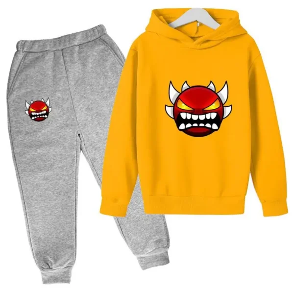 Kids cartoon geometric print pullover hoodie and matching pants tracksuit set for boys and girls.