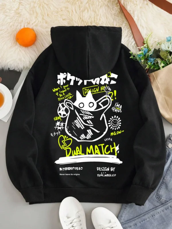 Soft grey women's hoodie with a cute cartoon cat print