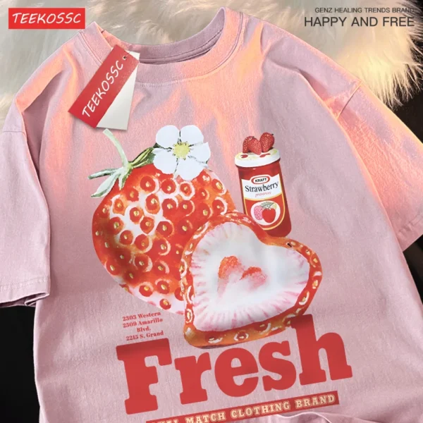 Unisex t-shirt with American retro strawberry graphic print. Loose fit