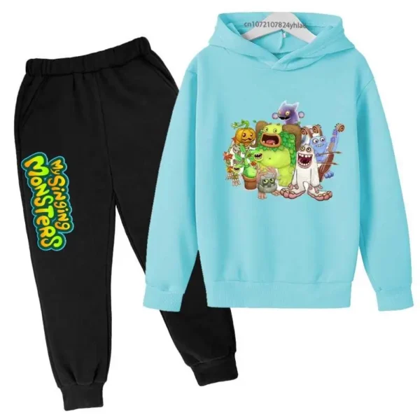 Kids My Singing Monsters tracksuit set featuring character print hoodie and matching pants for boys and girls ages 3-14. ```