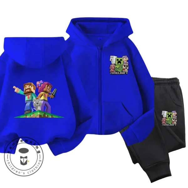 Child wearing Minecraft themed zipper hoodie and matching pants set with hood up.