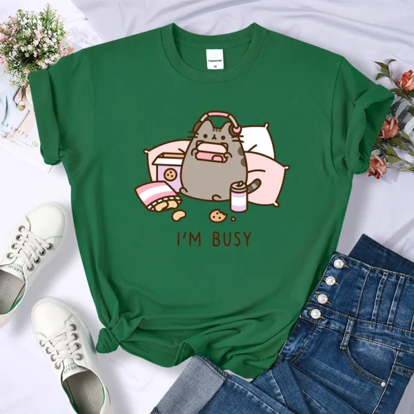 Funny 'Sorry I'm Busy' cat gamer oversized t-shirt for women.