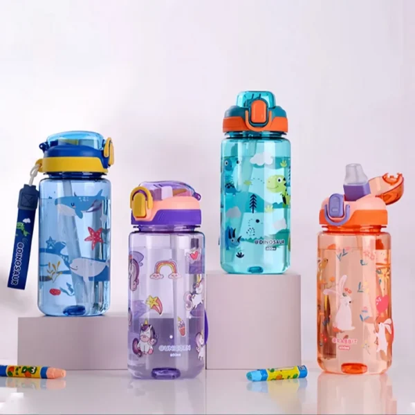 Colourful 600ml kids water bottle with dinosaur print
