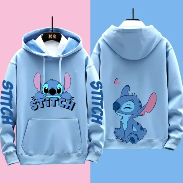 Couple wearing matching grey Disney Stitch pullover hoodies sweatshirt set - official licensed apparel.