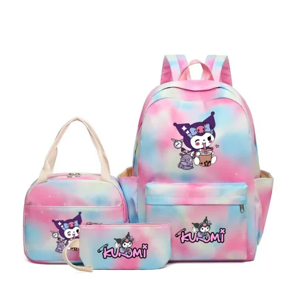 MINISO Kuromi and Cinnamoroll large capacity nylon backpack set with matching lunch bag and pencil case.