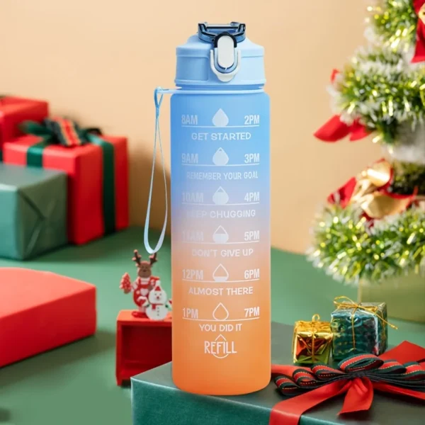 2L motivational plastic water bottle with time markers and leakproof lid for tracking daily hydration.