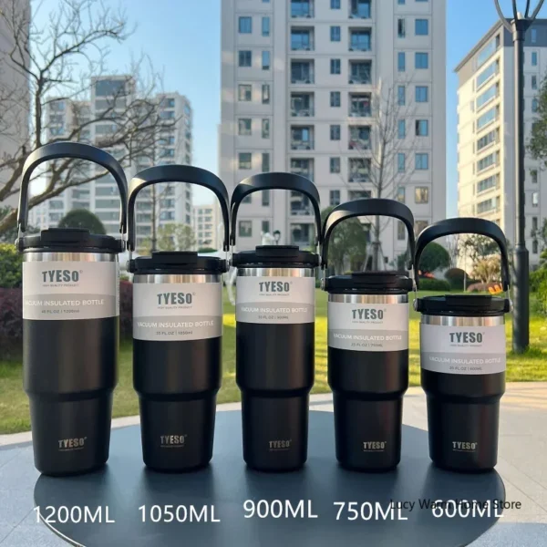 Tyeso vacuum insulated stainless steel travel mug for hot and cold drinks.