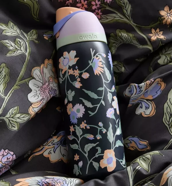 Owala FreeSip insulated stainless steel water bottle with built-in straw and protective push-button lid. BPA-free.