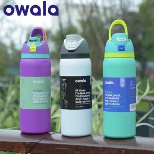 Owala FreeSip insulated stainless steel water bottle with leakproof lid and dual-function straw spout shown.